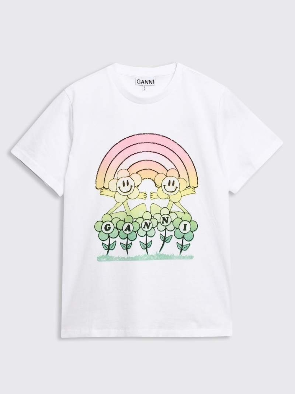 Ganni White Pastel Rainbow & Flower Graphic Tee